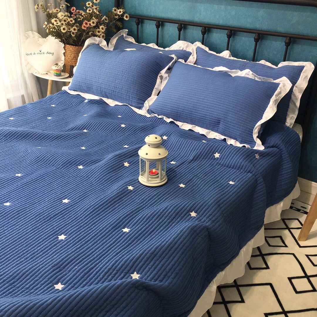 韩国ins风荷叶边床盖三件套夹棉缝纫刺绣水洗棉床单空调被夏被,淘宝优惠券,粉丝福利购,淘宝优惠卷