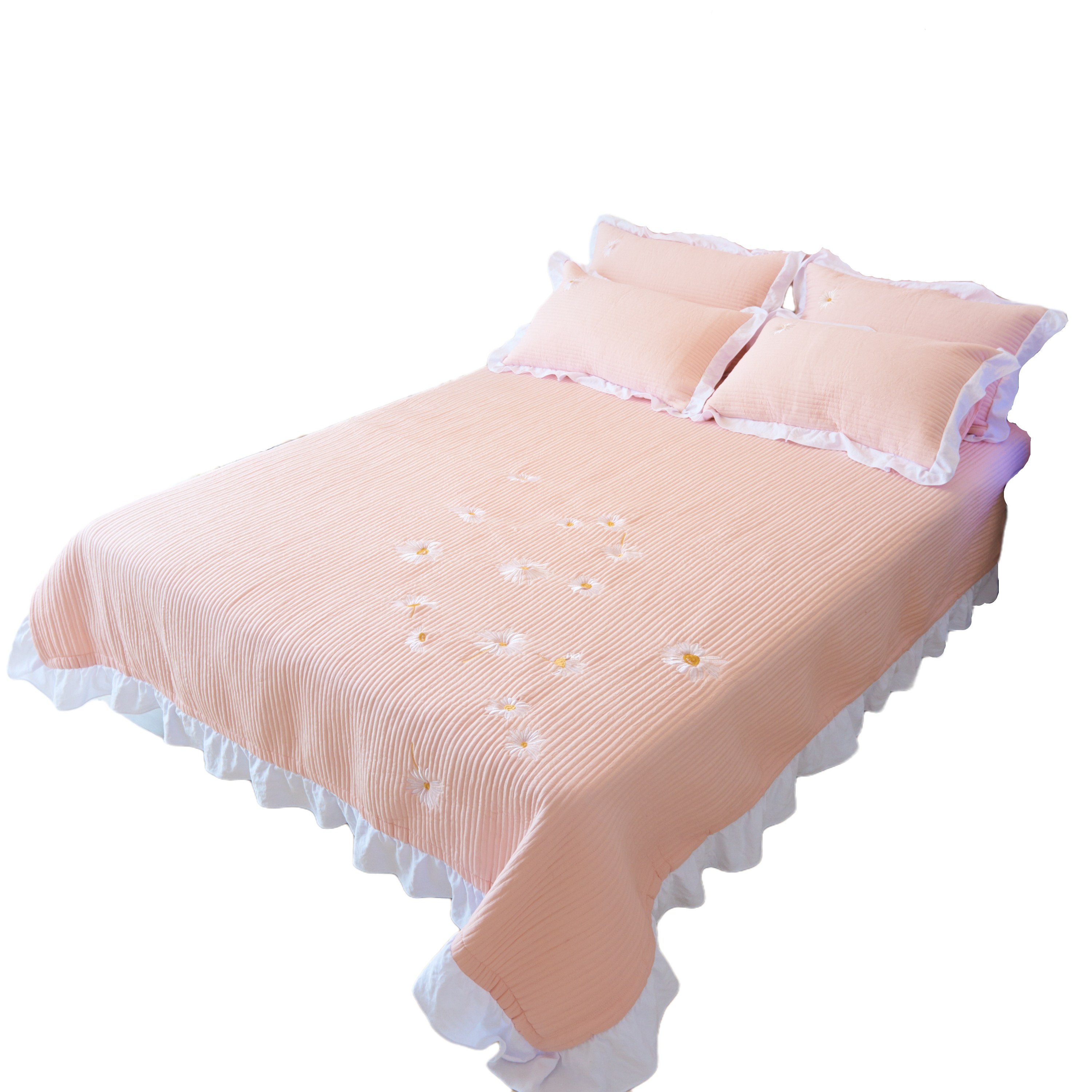 韩国ins风荷叶边床盖三件套夹棉缝纫刺绣水洗棉床单空调被夏被,淘宝优惠券,粉丝福利购,淘宝优惠卷