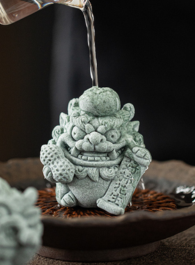 青砂石招财国潮茶桌小狮子工艺品