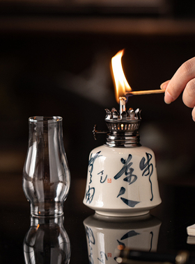 新中式手写诗文陶瓷酥油灯小摆件