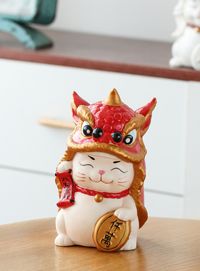 中式风陶瓷舞狮八方来财酒柜摆件