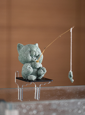 青砂石鱼缸造景可爱桌面小猫钓鱼