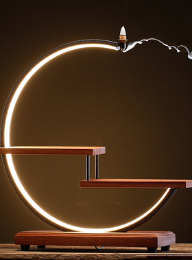 新中式实木小型博古架带灯装饰品