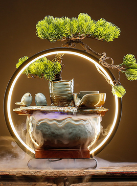 新中式小型陶瓷流水摆件招财加湿器创意循环水家居客厅桌面装饰品