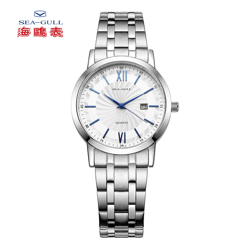 正品海鸥表基础系列炫蓝单日历钢带石英表女表男表情侣对表