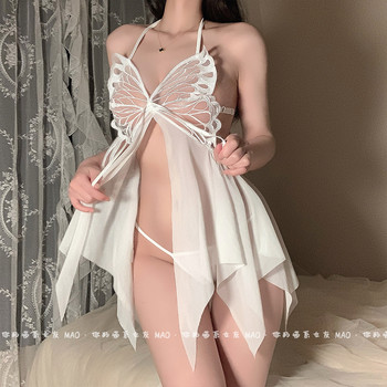 Butterfly shoulder*sexy see-through butterfly tulle suspender skirt halter neck thinkful beautiful back suspender nightgown women's underwear