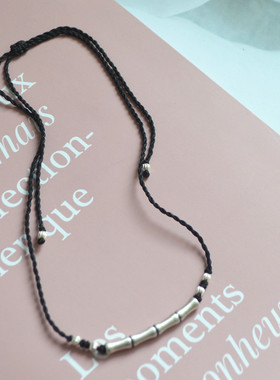 999纯银竹节弯管项链女黑绳颈链