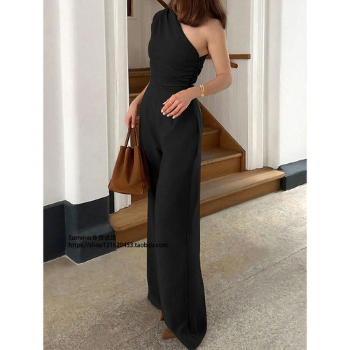 性感斜肩收腰气质优雅阔腿舒适连体裤Diagonal shoulder jumpsuit - 图2