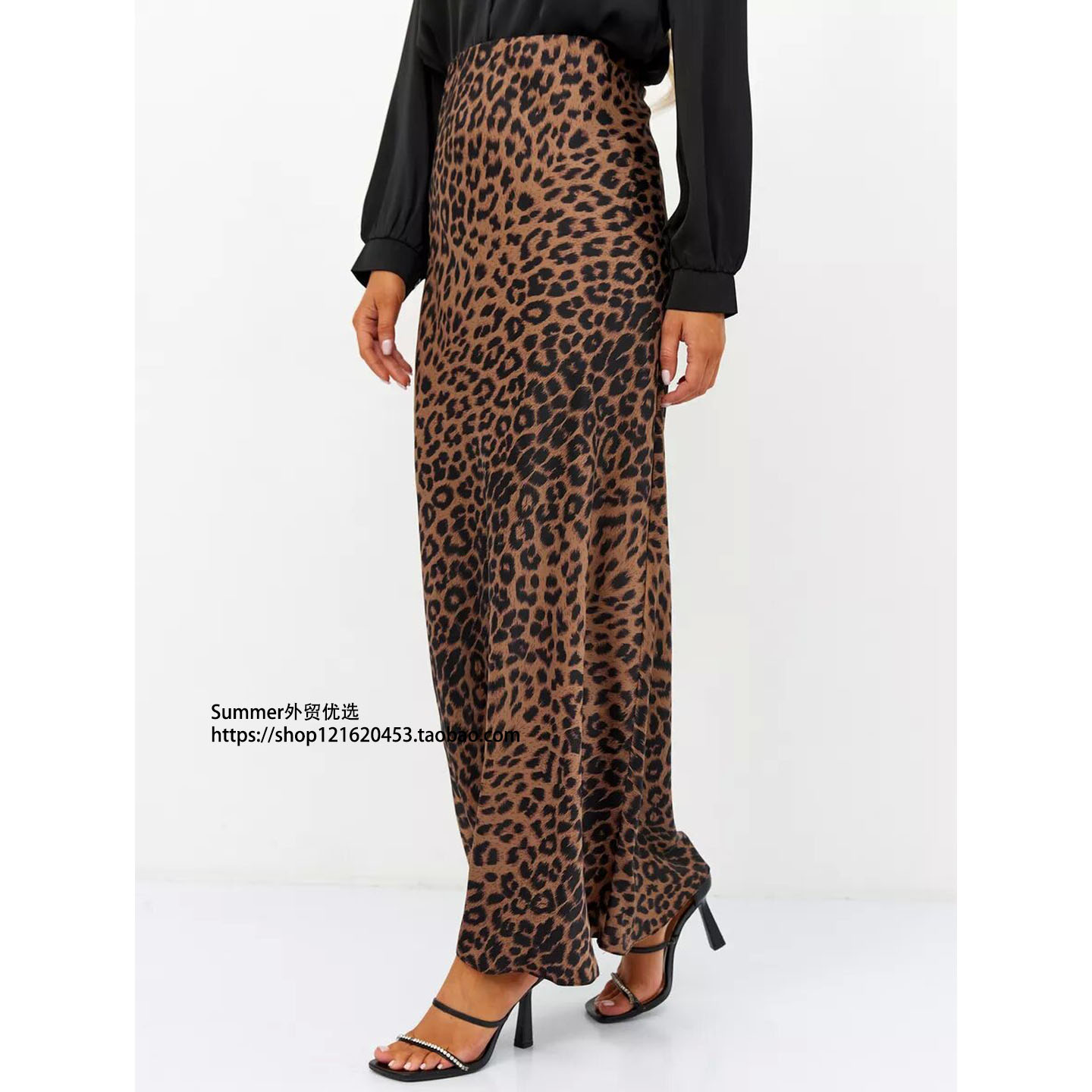 缎面性感豹纹印花半身裙松紧丝滑长裙Forged leopard print skirt - 图0
