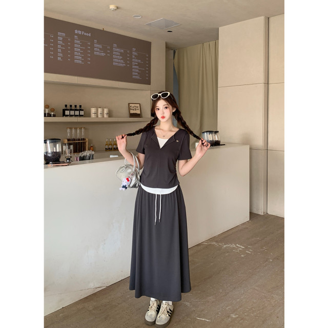 ລະດູຮ້ອນ 2026 ຮູບແບບໃໝ່ ໄຂມັນ mm plus size women Korean slim casual contrasting color splicing short-sleeved T-shirt + skirt suit