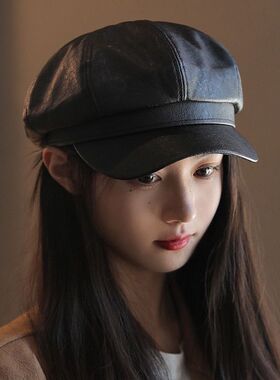 帽子女秋冬韩版贝雷帽pu