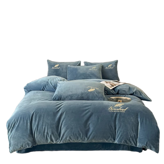 轻奢牛奶绒刺绣被套四件套冬季加厚被单双面珊瑚法兰绒被罩床笠款