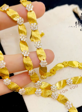 金色饰品 拉丝缎带手链女镀金镶钻花朵纯银手饰复古轻奢高级手链