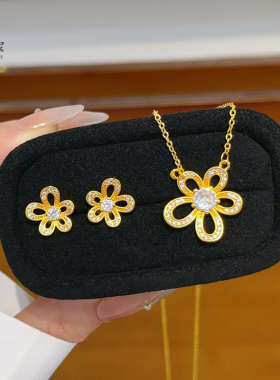 金色饰品 点钻格桑花项链耳钉镂空花朵锁骨链百搭