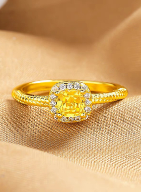 金包银小方糖戒指女时尚轻奢小众黄钻镶嵌水晶食指戒子