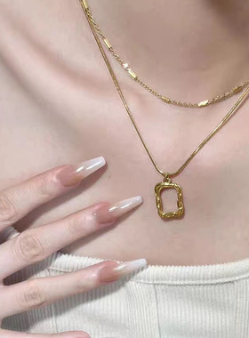 双层方形项链女法式复古锁骨链