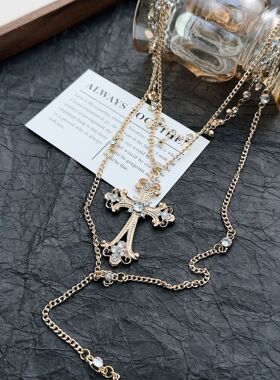 复古巴洛克多层风双层叠十字架项链小众设计高级毛衣锁骨颈链流苏