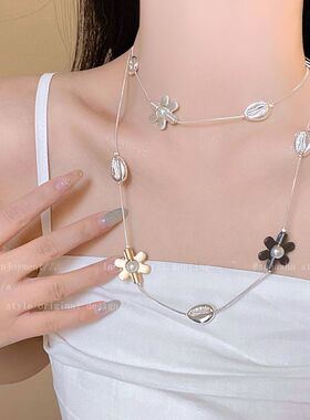 撞色双层花朵可带项链女款海边度假风锁骨链日常百搭长款颈链配饰