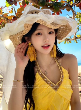 度假风黄色花瓣串珠耳钉女气质独特漂亮夸张旅游拍照耳饰