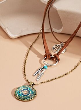 波西米亚复古民族羽毛吊坠生命之环项链甜酷辣妹配饰层叠锁骨夸张