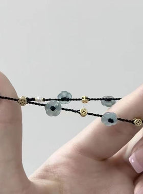 黑色编织绳花朵手链女