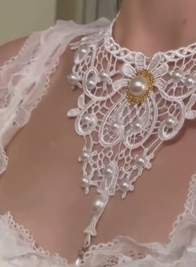 法式白色蕾丝镂空花纹项链千金感重工珍珠流苏吊坠锁骨链