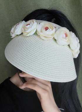 出游无顶防晒草编花朵优雅女夏