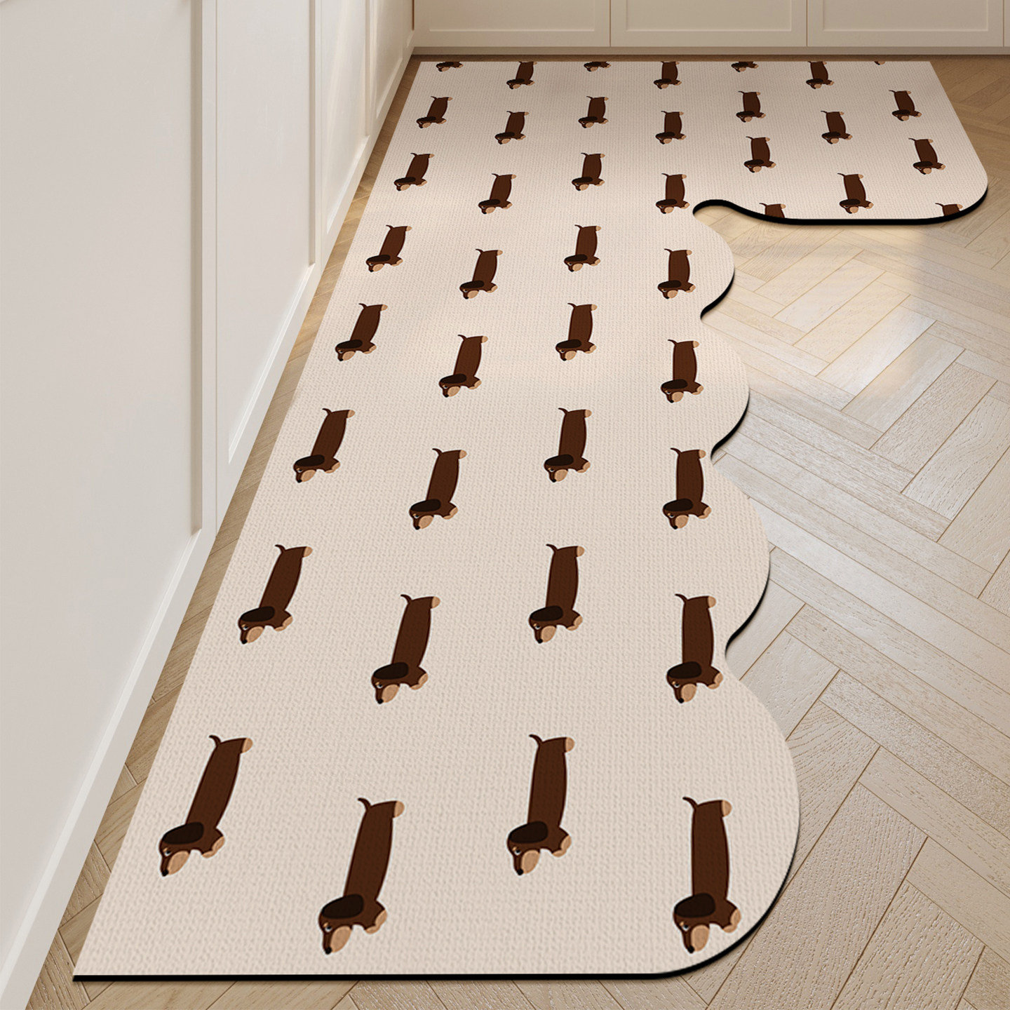 Cartoon simple kitchen special floor mats for home use, dirt-resistant, anti-slip, anti-oil, wipeable, wash-free L-shaped carpet absorbent floor mats