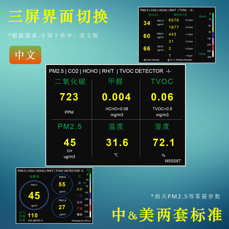 M5S六宫格家用PM2.5甲醛检测仪CO2空气质量TVOC苯雾霾新房装修 - 图0