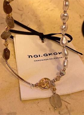 双层叠戴仿天然石珍珠手链女小众设计感轻奢复古高级手串isn手饰