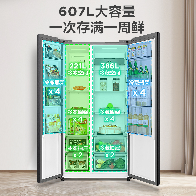 美的607升对开门冰箱家用双开门大容量变频一级能效节能风冷无霜-图1