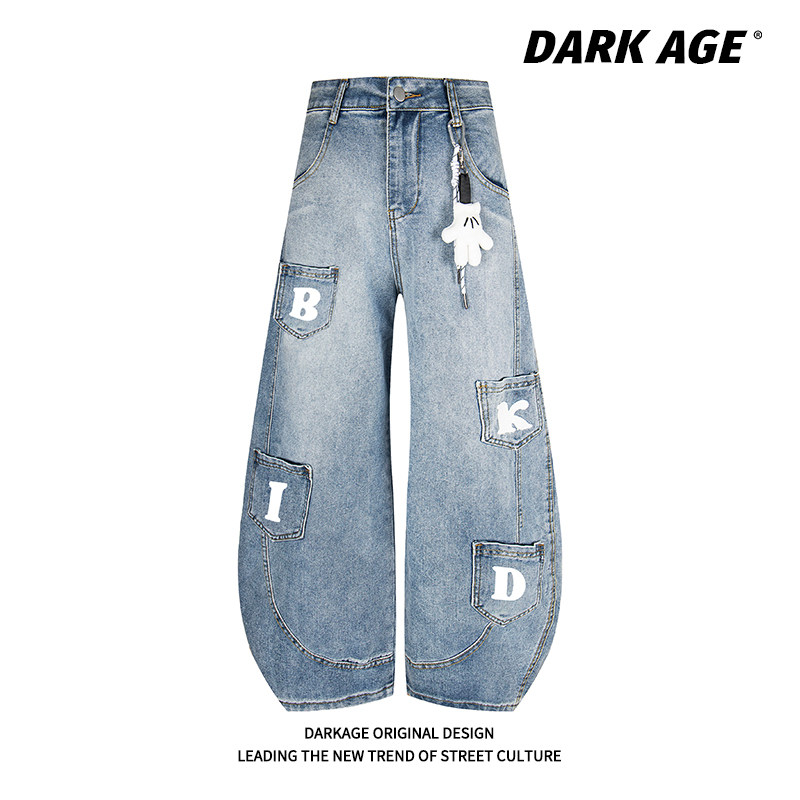 DARKAGE美式复古水洗多口袋弯刀裤子做旧男女牛仔裤拖地宽松长裤