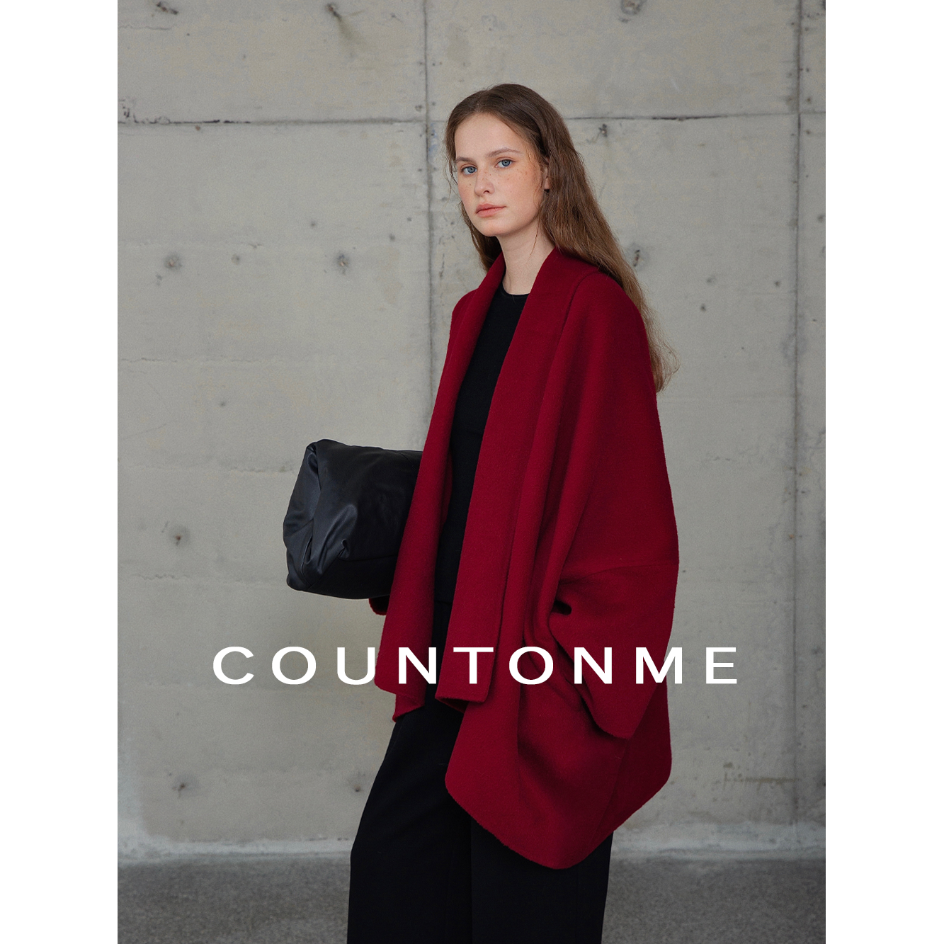 COUNTONME 新年战袍波尔多红/骆驼绒澳毛双面呢大衣 时髦慵懒斗篷 - 图0