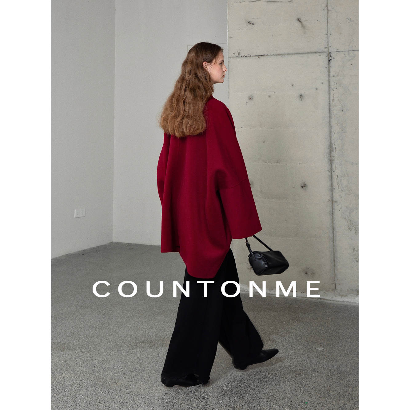 COUNTONME 新年战袍波尔多红/骆驼绒澳毛双面呢大衣 时髦慵懒斗篷 - 图1