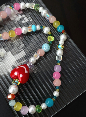 彩色串珠爱心形奶油甜心珍珠项链