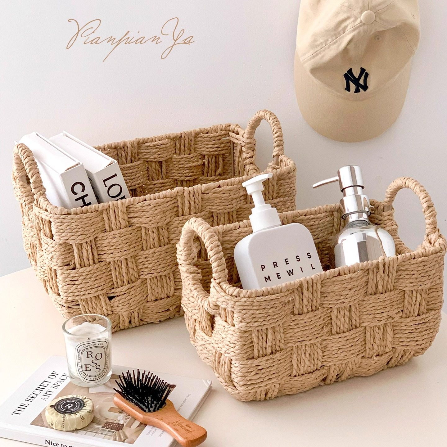 纸绳创意收纳篮手工编织桌面杂物整理双耳手提收纳盒果蔬玩具收纳,淘宝优惠券,粉丝福利购,淘宝优惠卷