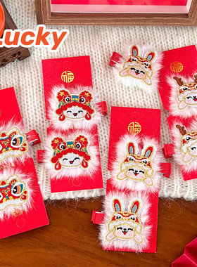 中国风新年刺绣红色发夹少女侧边碎发刘海夹过年发卡头饰不伤发