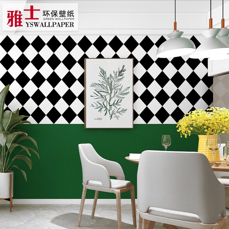 北欧风格墙纸美式乡村黑白菱形格子松花绿墨绿色客厅卧室背景壁纸