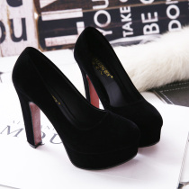 Waterproof Bench Round Head Coarse Heel Suede Professional Dress Etiquette Student Black High Heel Shoes Single Shoes Girls New