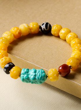 2026上新黄润骨头抹香手链 原创藏饰黄财神松石天珠手串