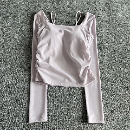 瑜伽服女2025新款网纱假两件运动上衣带胸垫长袖训练健身服