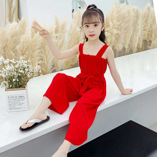 儿童睡衣睡裙女童夏季连体裤绵绸吊带薄款女孩公主纯色两穿睡裙裤 - 图0