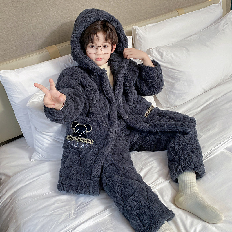 儿童睡衣秋冬季加厚款三层夹棉男童孩珊瑚绒法兰绒睡袍保暖家居服,淘宝优惠券,粉丝福利购,淘宝优惠卷
