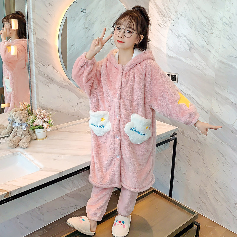 儿童睡衣珊瑚绒秋冬季加厚款星星云朵法兰绒女童孩睡袍家居服套装 - 图0