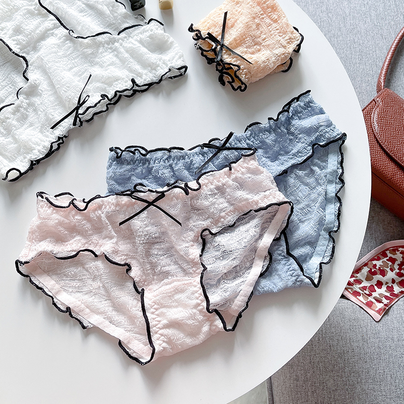 黑白配 2/3条法式蕾丝性感镂空内裤女低腰冰丝款甜美透气棉质裆夏 - 图0