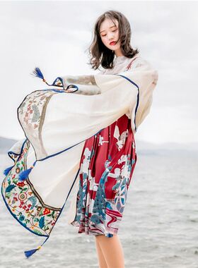 采梦阁夏季花边刺绣复古民族围巾
