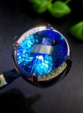 天然托帕石戒指霸气男款18K颜色深蓝火彩爆全净体主石方10x14mm