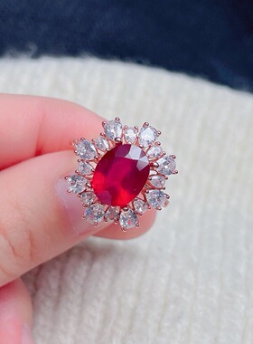 新款高品质缅甸红宝石戒指晶体通透红宝石925银镶嵌活口圈