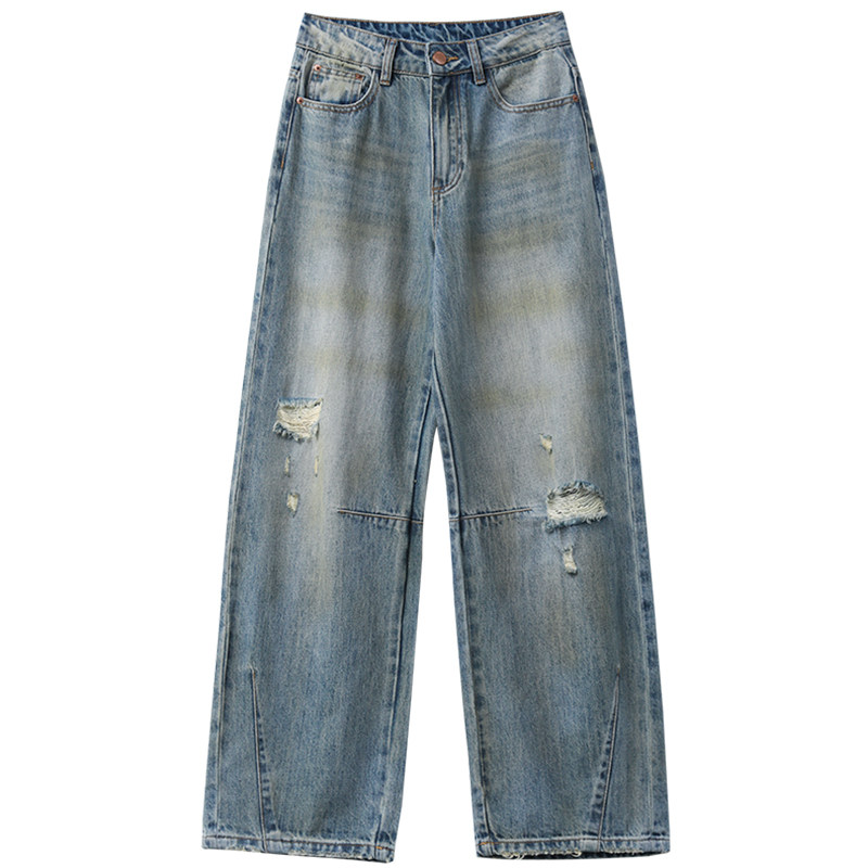 CV大码女装 秋季新款高腰泥染破洞废土牛仔裤弯刀阔腿脏脏裤胖MM,淘宝优惠券,粉丝福利购,淘宝优惠卷