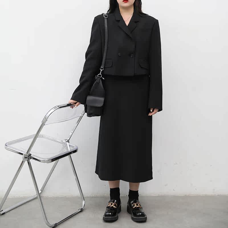 CV大码女装 早秋复古气质双排扣西装外套开叉V领吊带连衣裙套装秋,淘宝优惠券,粉丝福利购,淘宝优惠卷